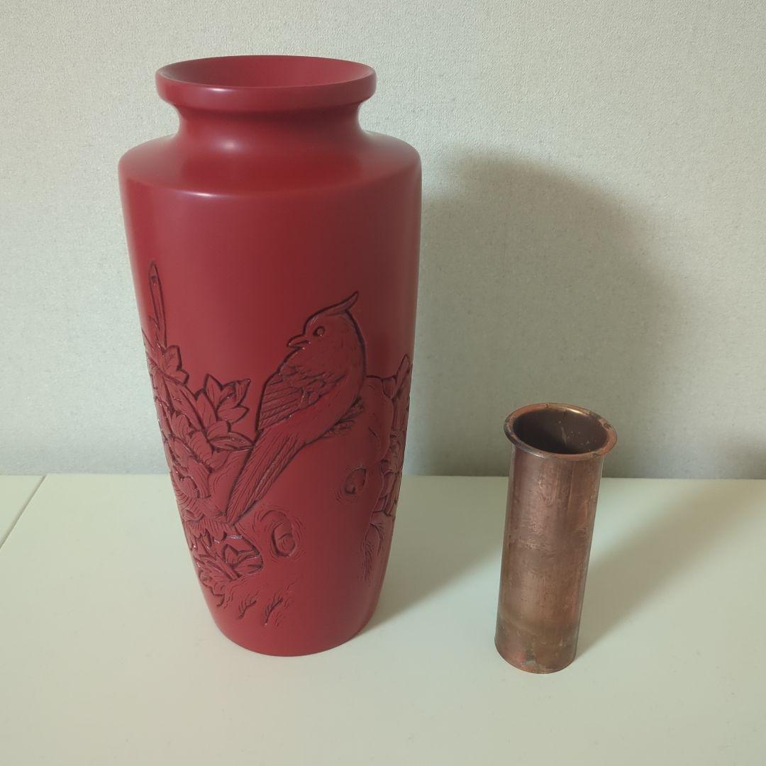 村上堆朱　花瓶 鳥と花の彫刻 箱付き