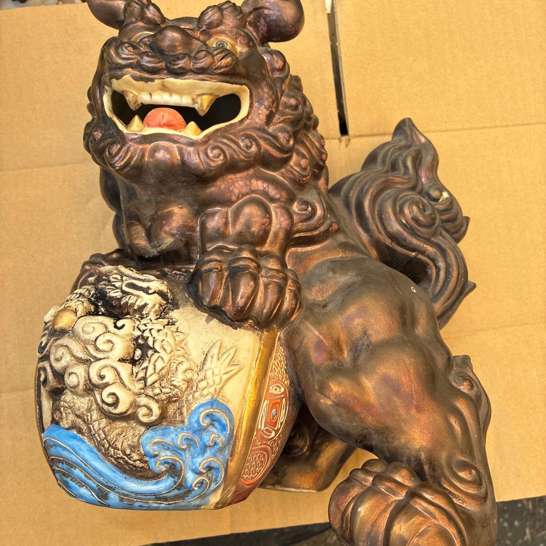アンティーク　ビンテージ 九谷焼 八幡窯 須栄義 刀咥 玉乗り獅子