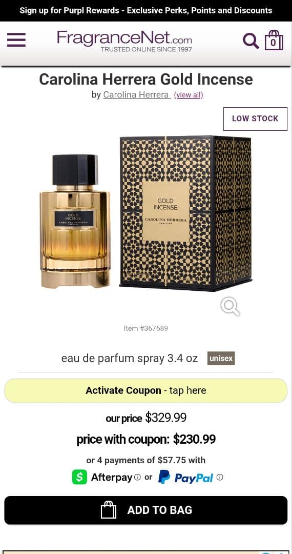 CAROLINA HERRERA GOLD INCENSE 100ml残り90