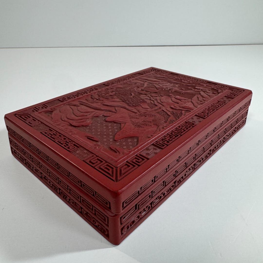 未使用保管品 仙台堆朱 硯箱 楼閣山水図 彫刻漆器 筆箱 書道具 筆 硯 水差し