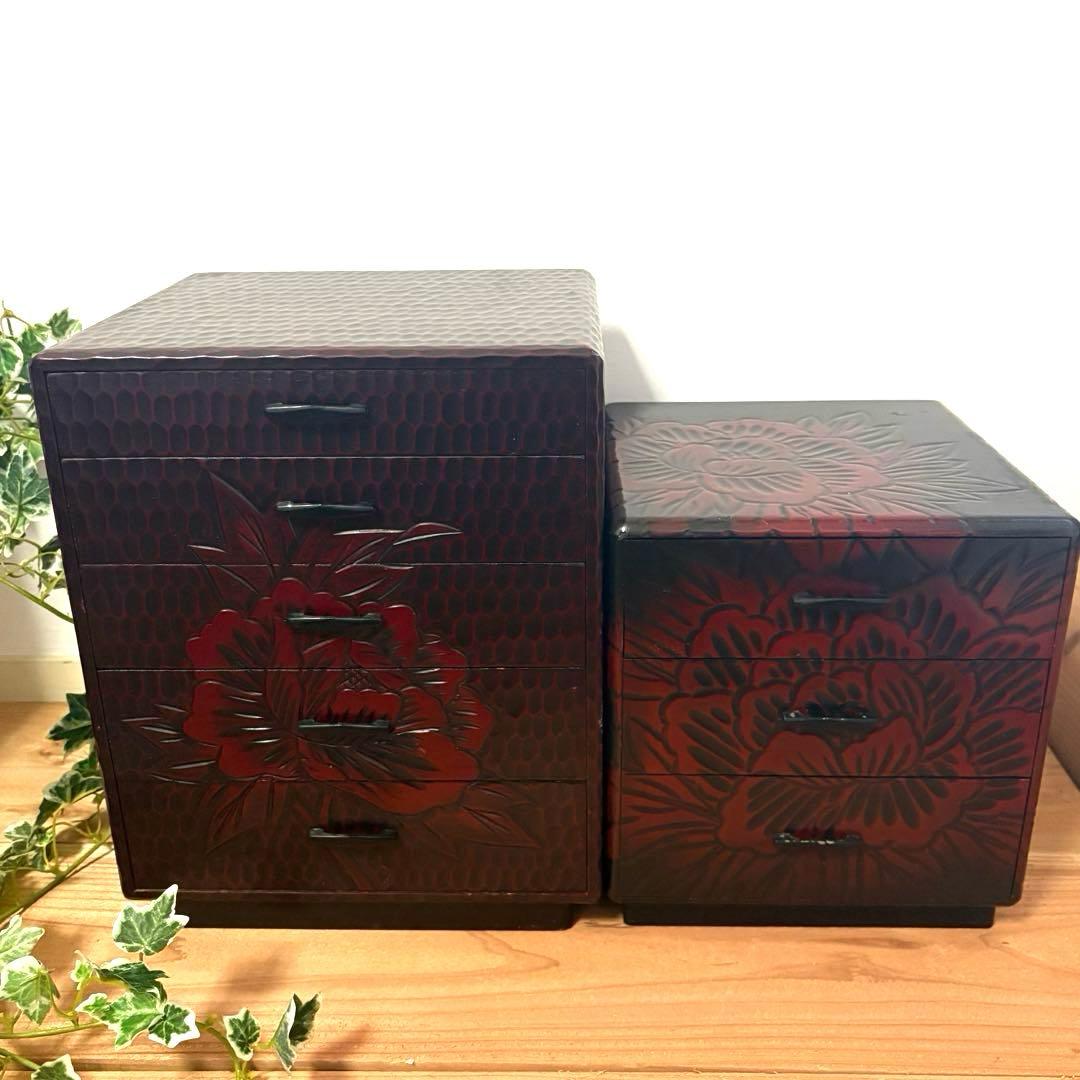 鎌倉彫 小箪笥 2点セット 牡丹文 5段/3段 伝統工芸 和家具 小引き出し