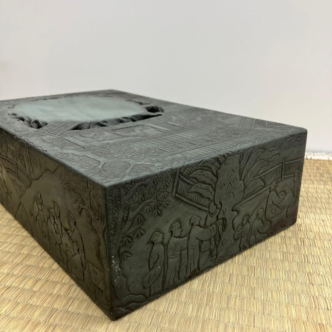 中国大硯　緑端　澄泥硯　僧侶寺院観図