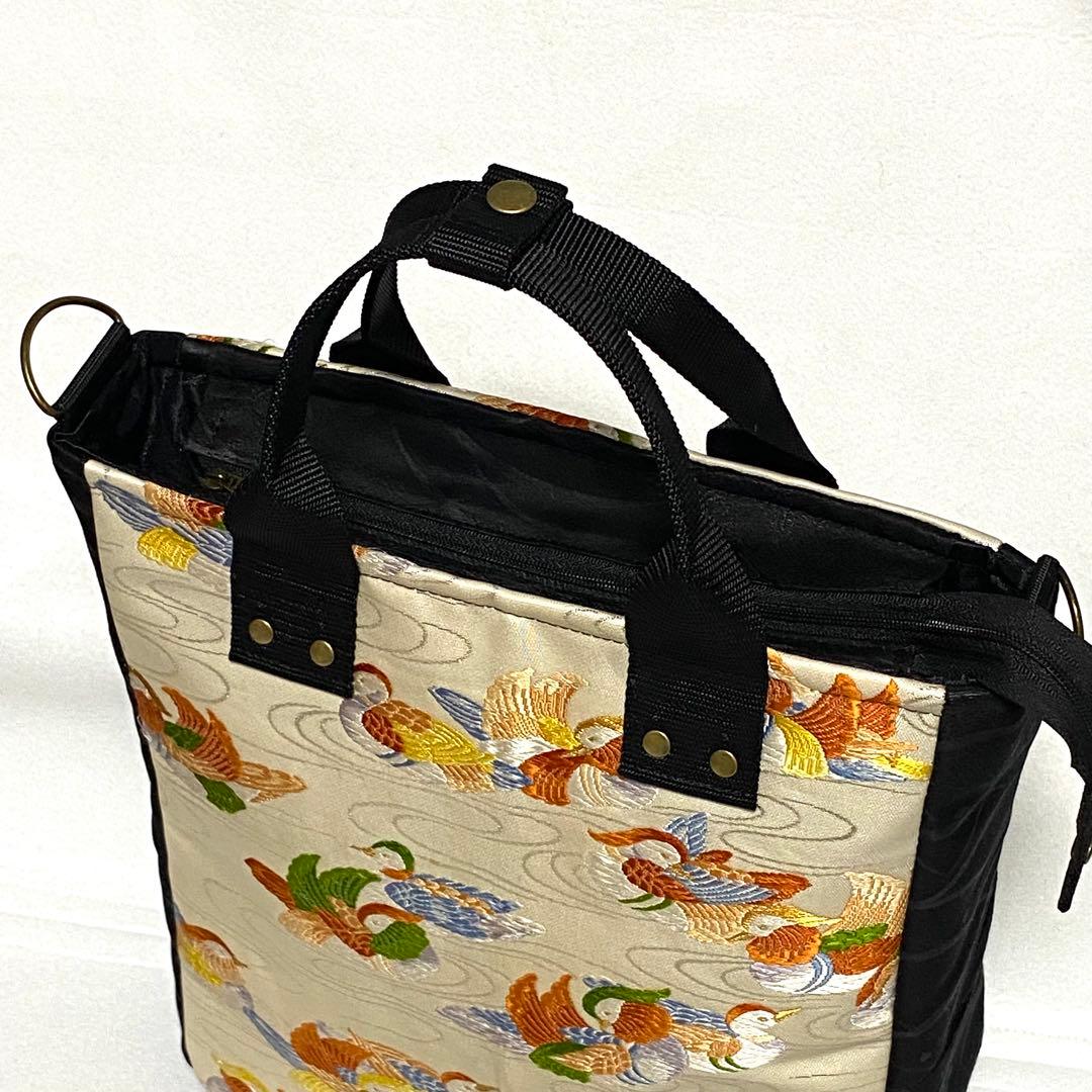 379 帯リメイク　鴛鴦（ オシドリ ）たちのBOX型3wayバッグ