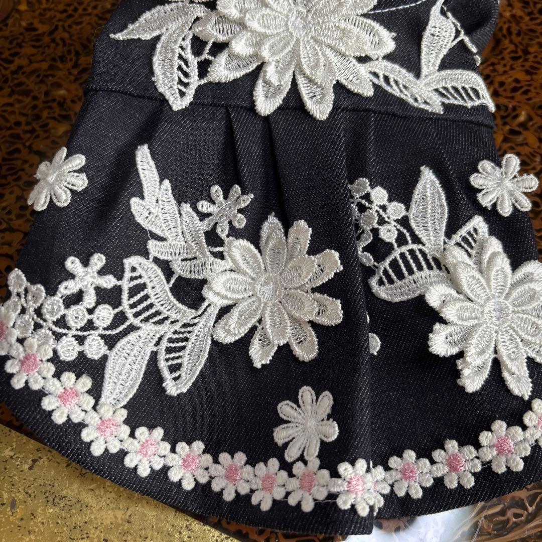 デニム 花柄刺繍 ワンピース 犬服