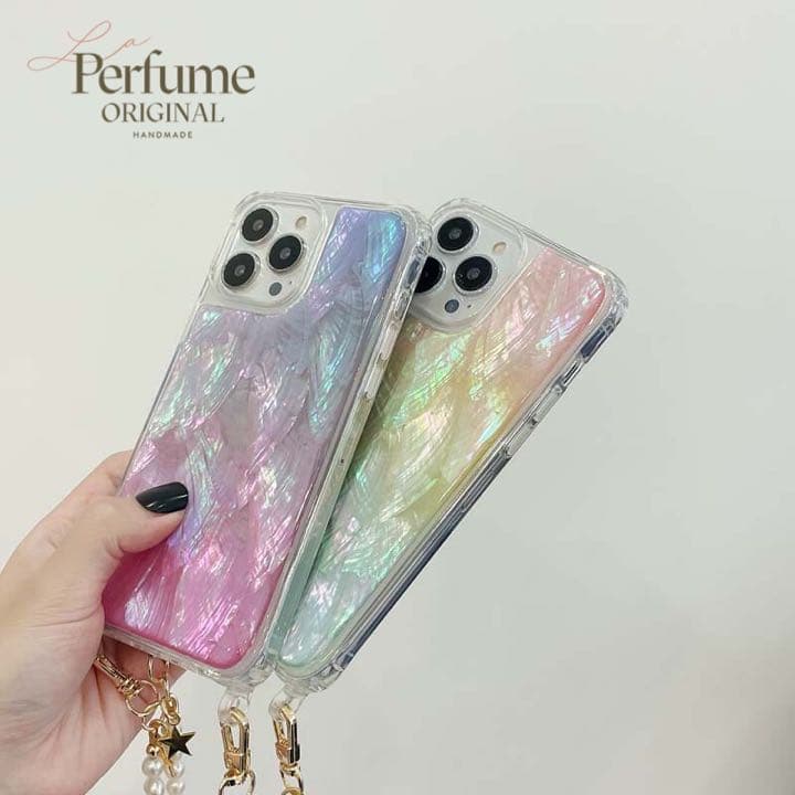 天然シェル♡キラキラ✨ビタミンカラー♡天然パールチェーン iPhoneケース