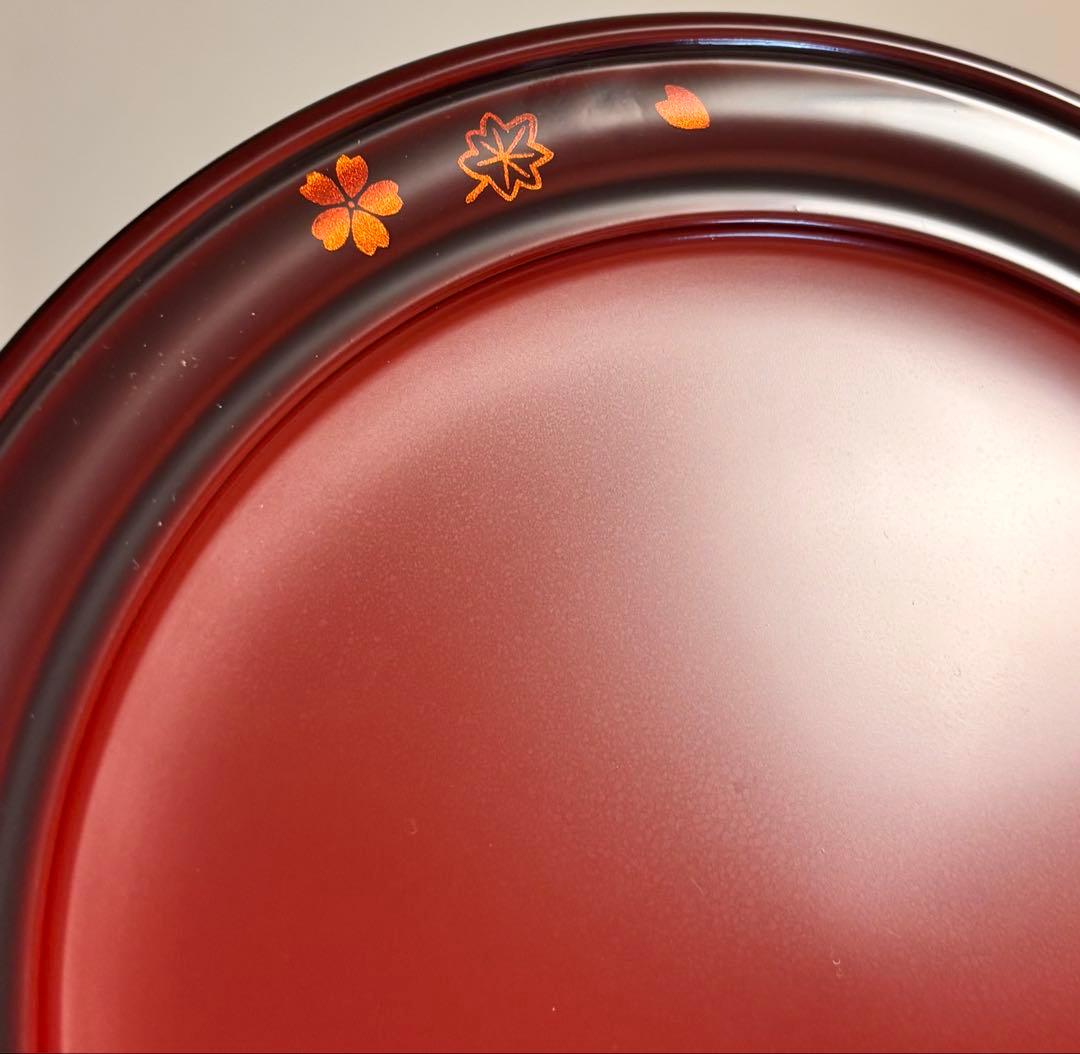 象彦　銘々皿　春秋白檀？　5枚　（桜、もみじ、紅葉）　朱塗り