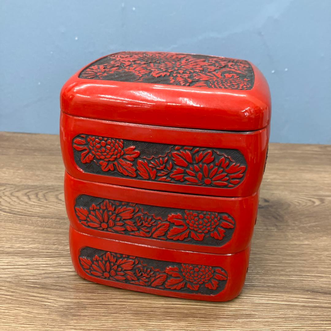 E-2 昭和レトロ 仙台堆朱 漆器セット 三段重箱＆菓子鉢 記念刻印あり
