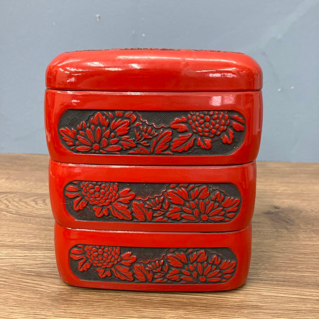 E-2 昭和レトロ 仙台堆朱 漆器セット 三段重箱＆菓子鉢 記念刻印あり