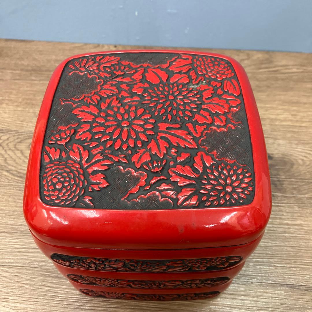 E-2 昭和レトロ 仙台堆朱 漆器セット 三段重箱＆菓子鉢 記念刻印あり