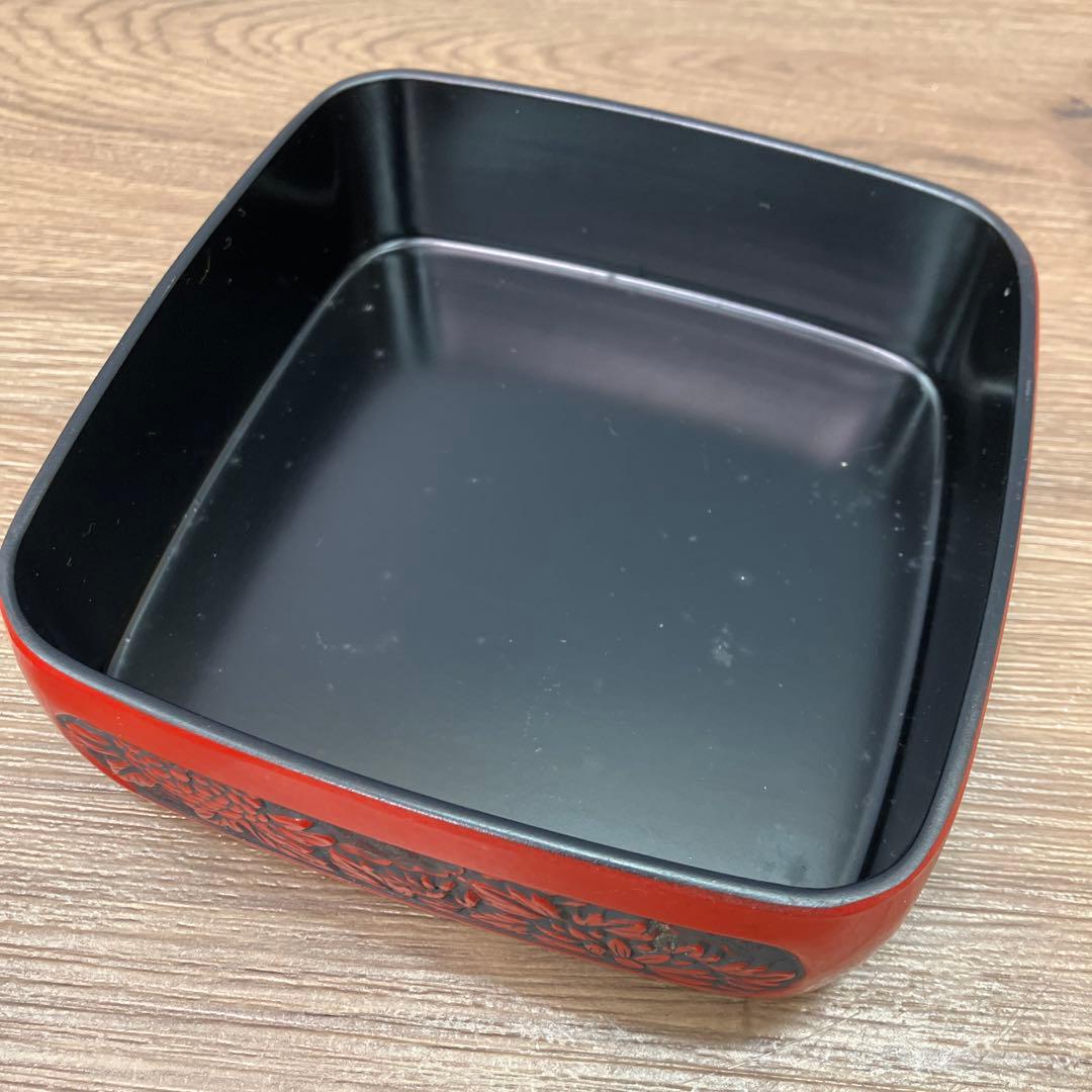 E-2 昭和レトロ 仙台堆朱 漆器セット 三段重箱＆菓子鉢 記念刻印あり