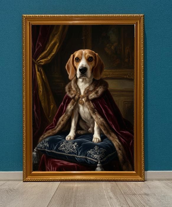 犬（ビーグル）のルネサンス風肖像画 油絵風アートA3額装インテリア壁掛け