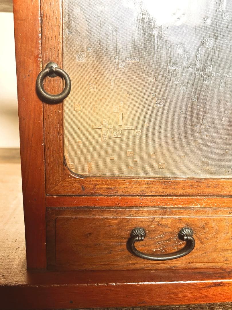 1950〜年代 木製 古道具 アンティーク 昭和レトロ キャスター モールガラス