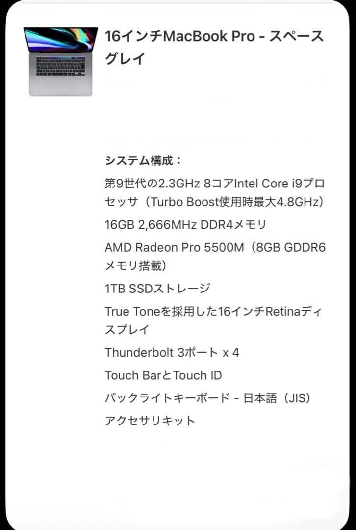MacBook本体 MacBook Pro 16 2019 Core i9_1TB/GPU 8GB