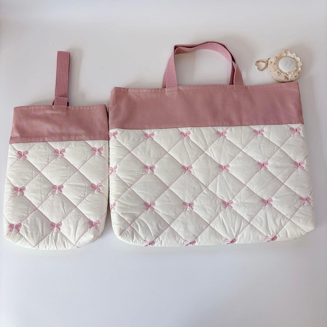 ヌビ　りぼん　刺繍生地　レッスンバッグ　上履き袋　体操着袋　キルティング　キルト