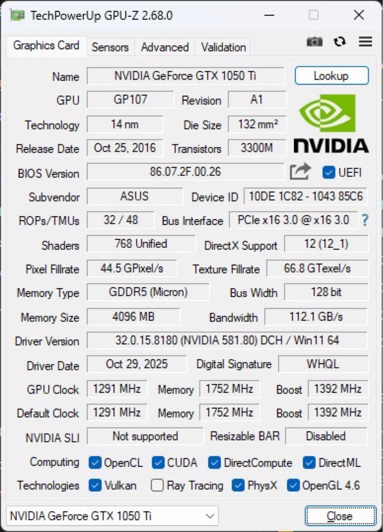 動作確認済 ASUS GTX1050Ti NVIDIA GeForce 訳あり