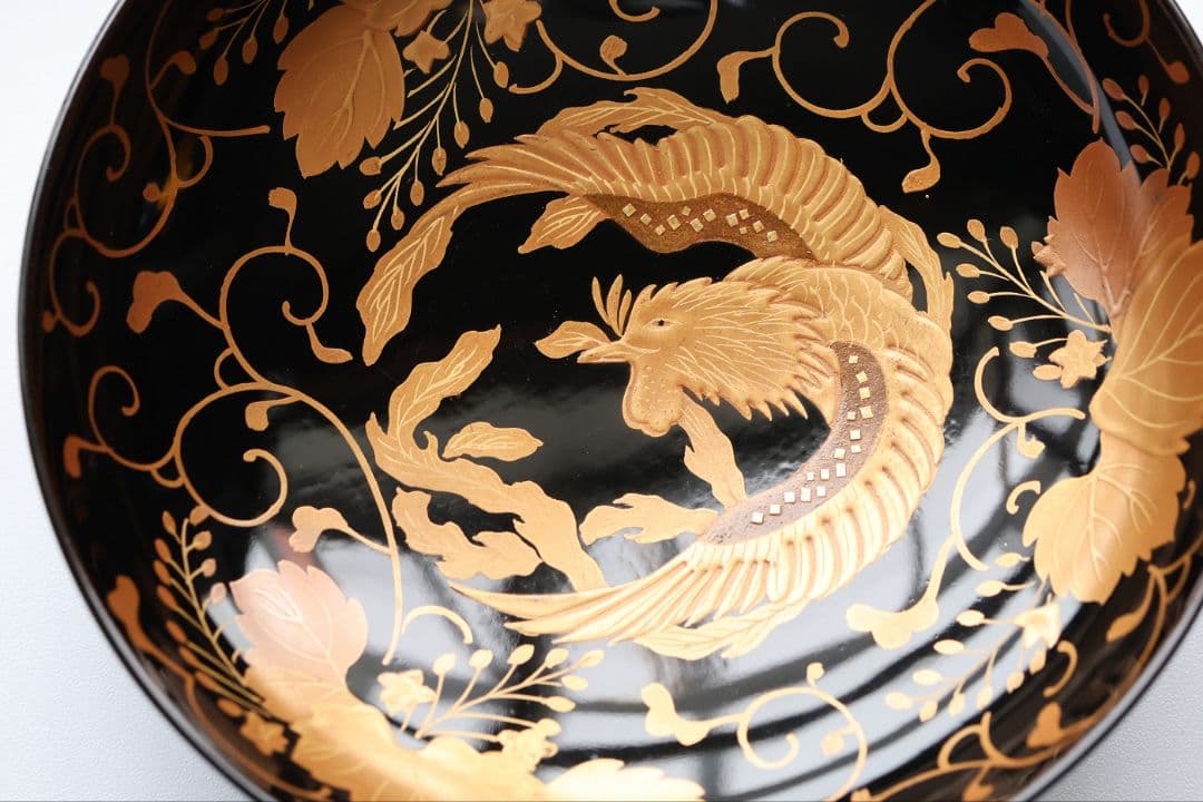 【MB193】天然木漆塗 鳳凰桐唐草 金蒔絵 黒塗 吸物椀 二客 大正昭和