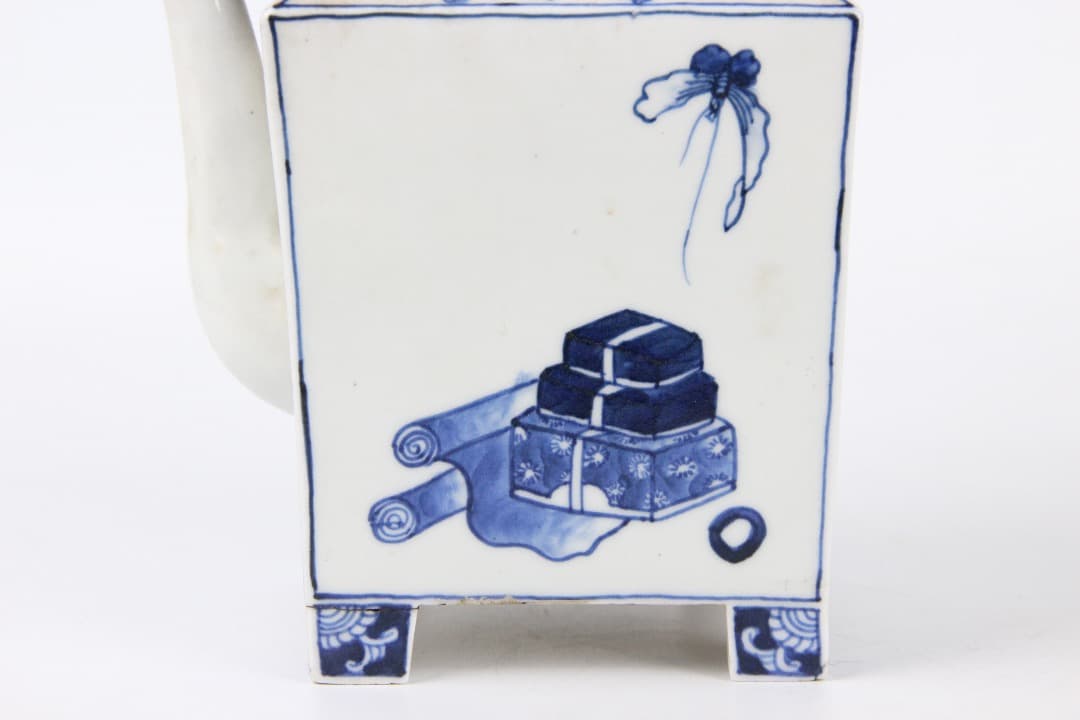 中国 明 萬暦 青花 執壺 文房器 四足 蓋付　新渡水次 箱付 FF01-19
