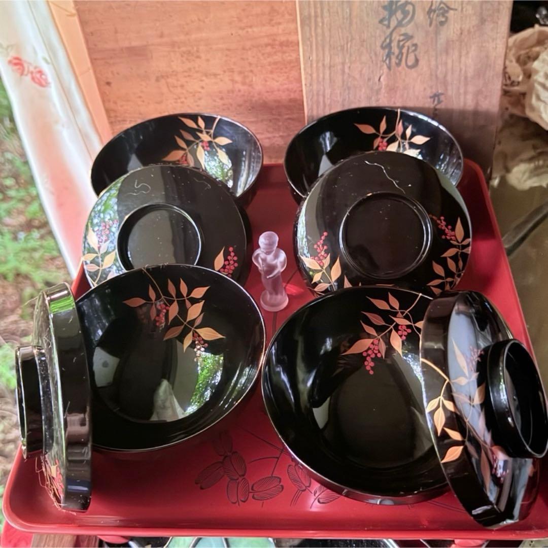 2192様感謝‼️JAPAN赤い実　蒔絵明治32年‼️南天蒔絵高台のない吸物椀 5客