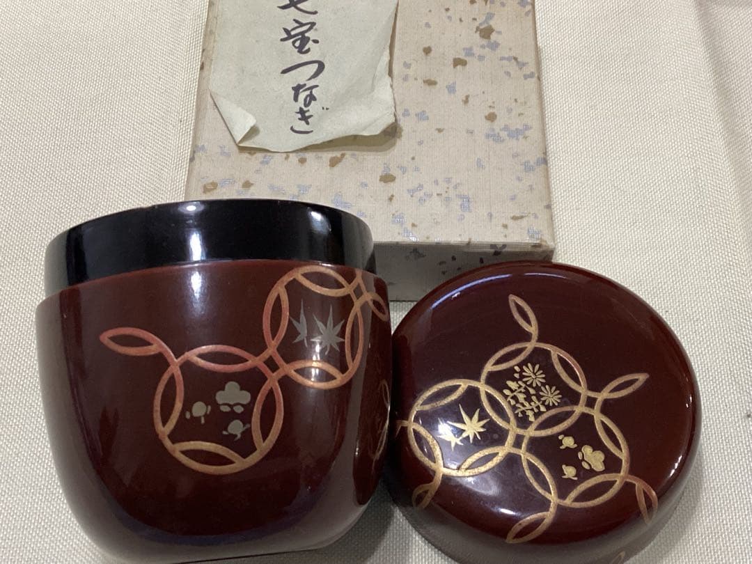 茶道具　木製棗 漆塗り　金彩蒔絵　ねじ梅　七宝つなぎ　曙　3点まとめ売り