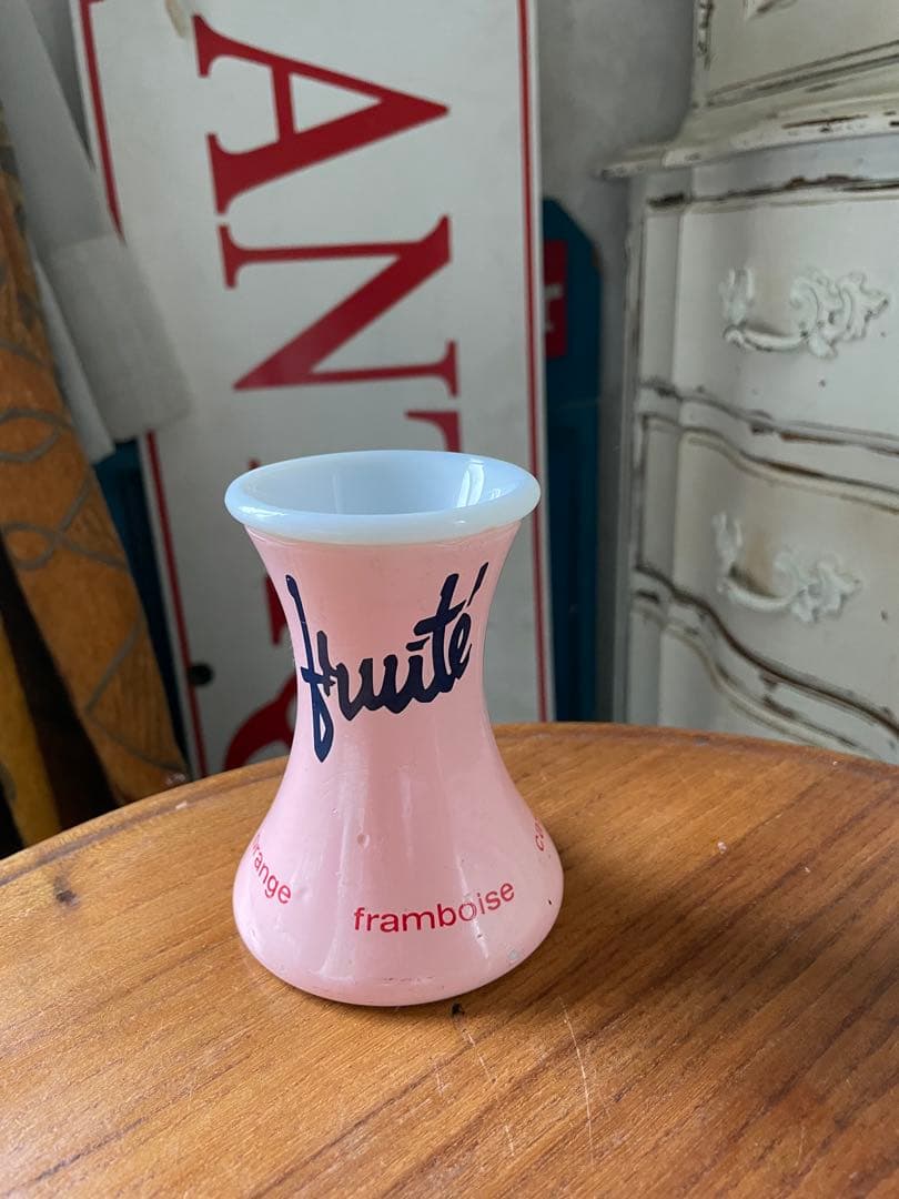 フランス アンティーク ストロー　スタンド　Fruité ピンク　ミルクガラス