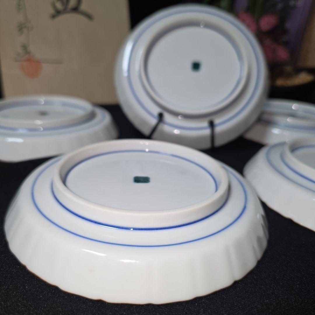 九谷焼　九谷青郊　青手牡丹唐草文　13.5cm　銘々皿　輪花皿　菓子皿　 5客