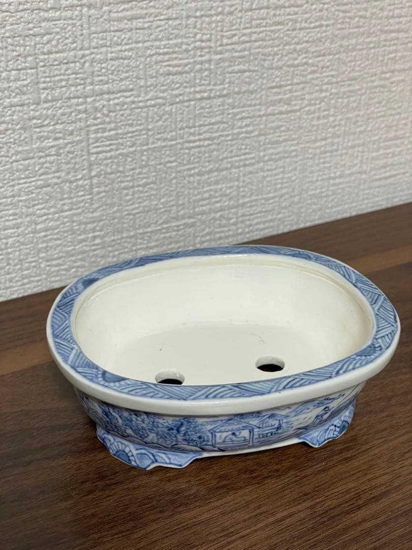 盆栽鉢　上州勝山　染付山水図外縁長方鉢12.1x10.5x3.6cm
