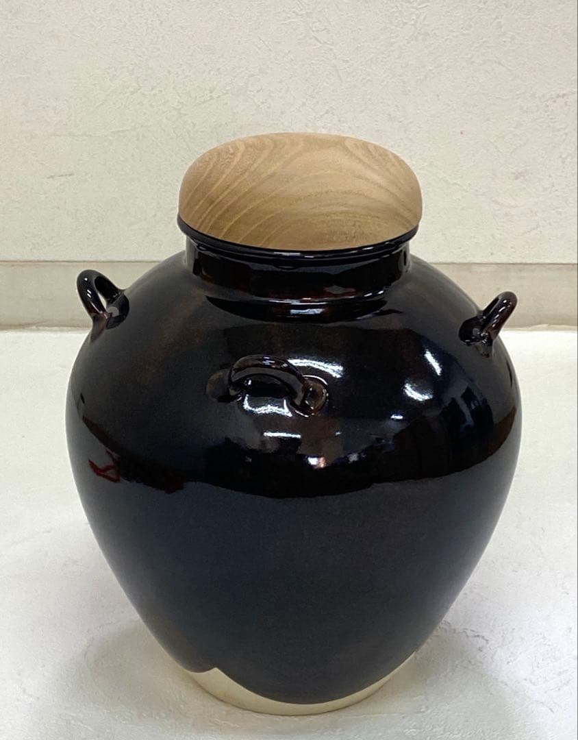 茶壷 飾壷 天目釉 洛東 草山作 飾り網 三本紐 共箱 茶道具