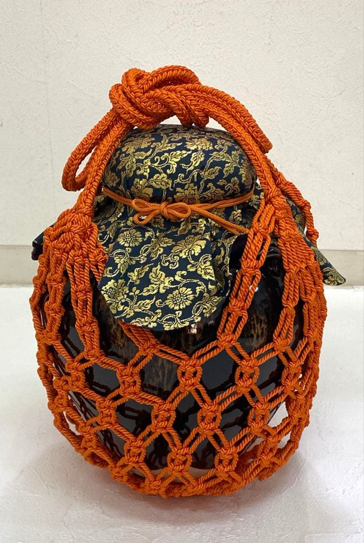 茶壷 飾壷 天目釉 洛東 草山作 飾り網 三本紐 共箱 茶道具