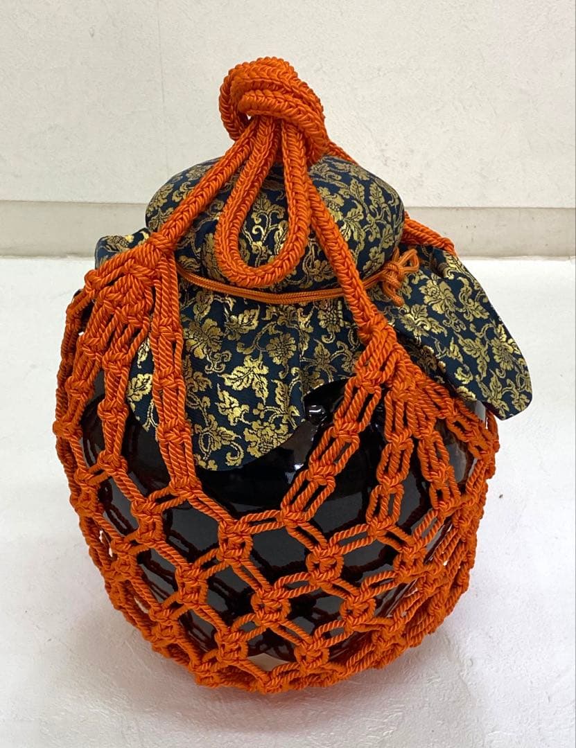 茶壷 飾壷 天目釉 洛東 草山作 飾り網 三本紐 共箱 茶道具