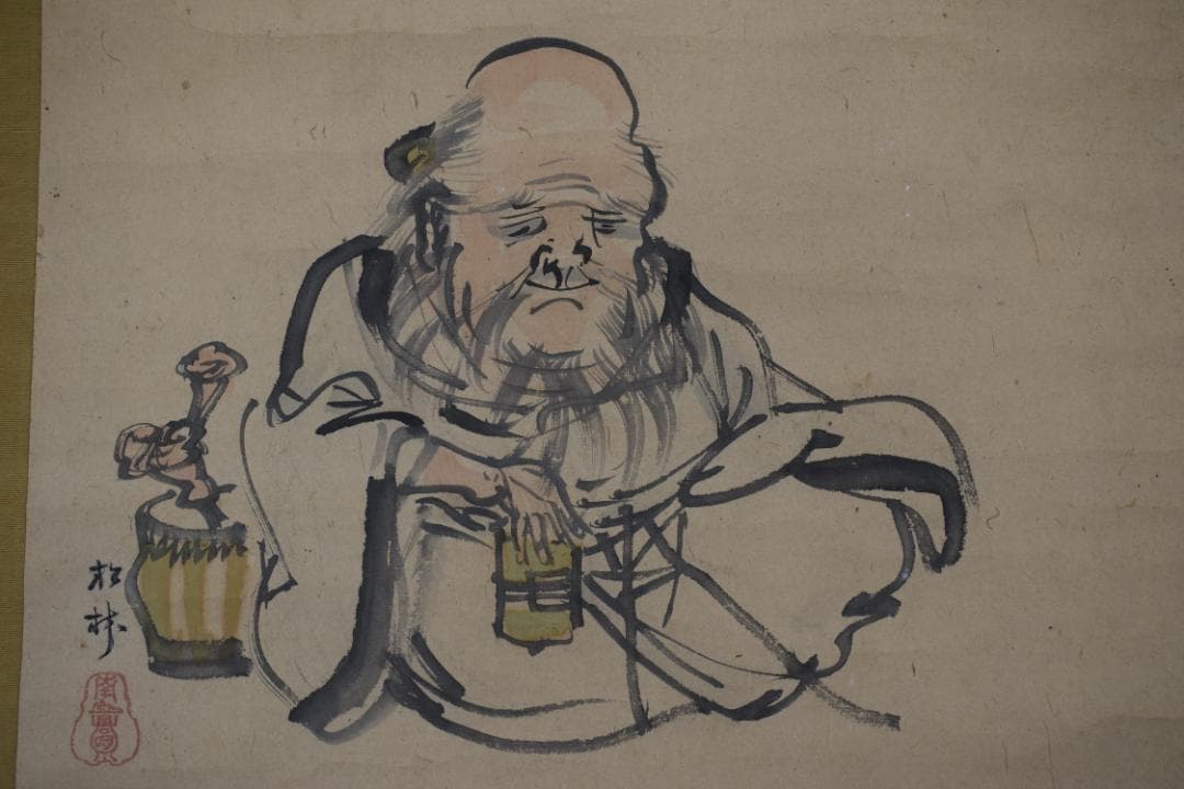 【真作】藤井松林/寿老人図/七福神の一人/横物/掛軸☆宝船☆Y-889　JM