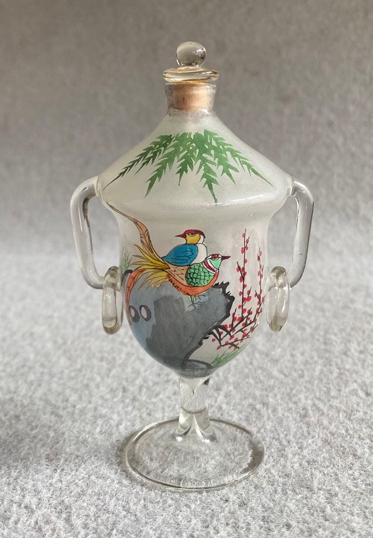【中国製・レトロ】ガラス絵・花鳥図／鼻煙壷（びえんこ）