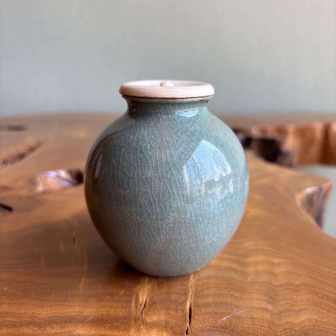 水広陶窯 李貞夏造 高麗青磁茶入 仕覆付 共箱 茶道具