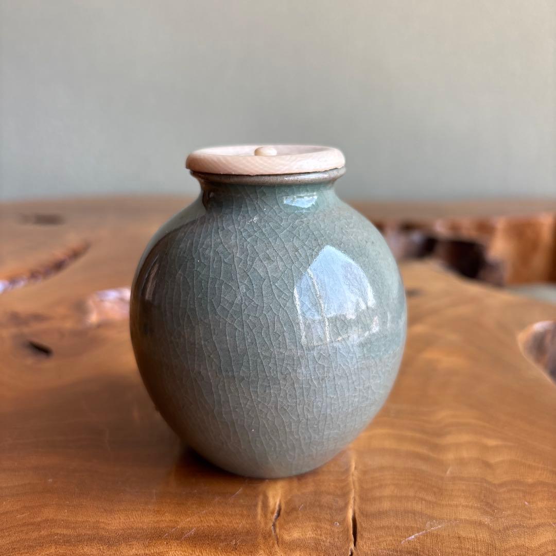 水広陶窯 李貞夏造 高麗青磁茶入 仕覆付 共箱 茶道具