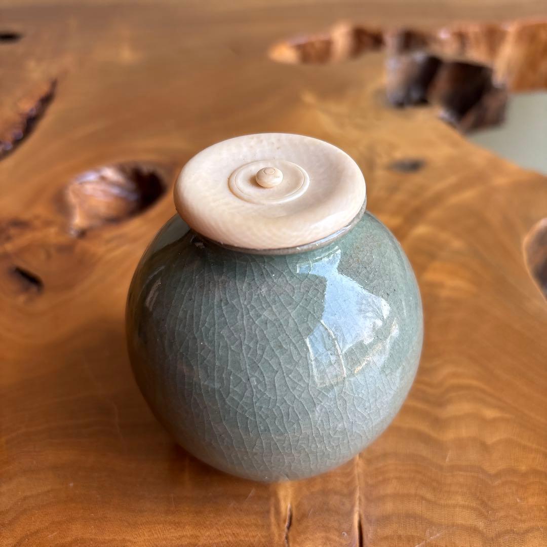 水広陶窯 李貞夏造 高麗青磁茶入 仕覆付 共箱 茶道具