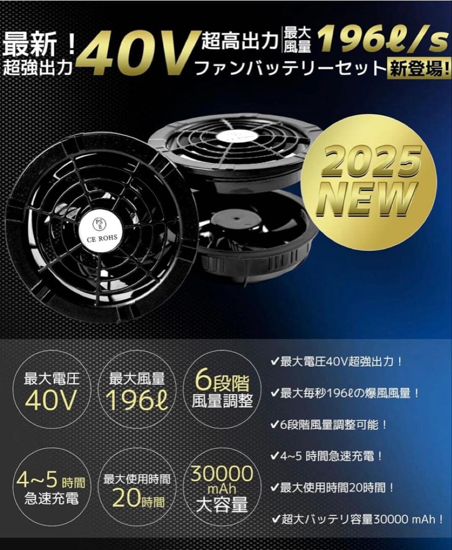 空調作業服 ファンバッテリーセット 40V超高出力 30000mAh大容量