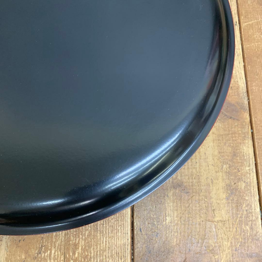D-5 【美品】木製 漆器 丸盆 南天 蒔絵 直径30cm 黒塗り 朱縁 縁起物