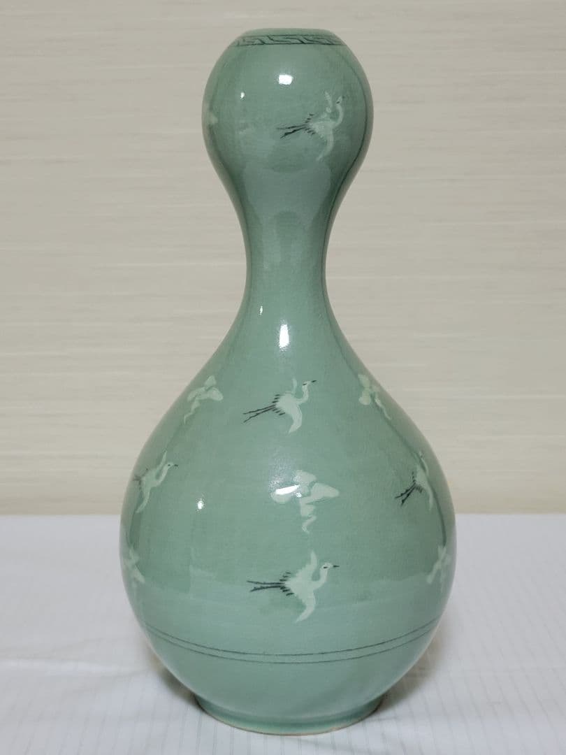 保管未使用品　高麗青磁　白光窯　恩峰　姜顕求 作（印）瓢箪型　花瓶