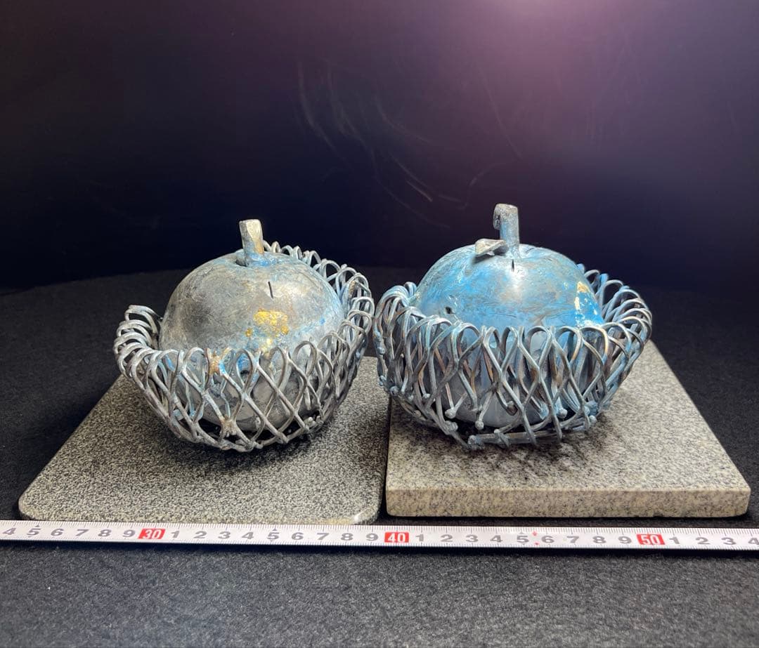 浅草義治作　リンゴブロンズ置物2点　リンゴのみ1512g 東Y8-0310③