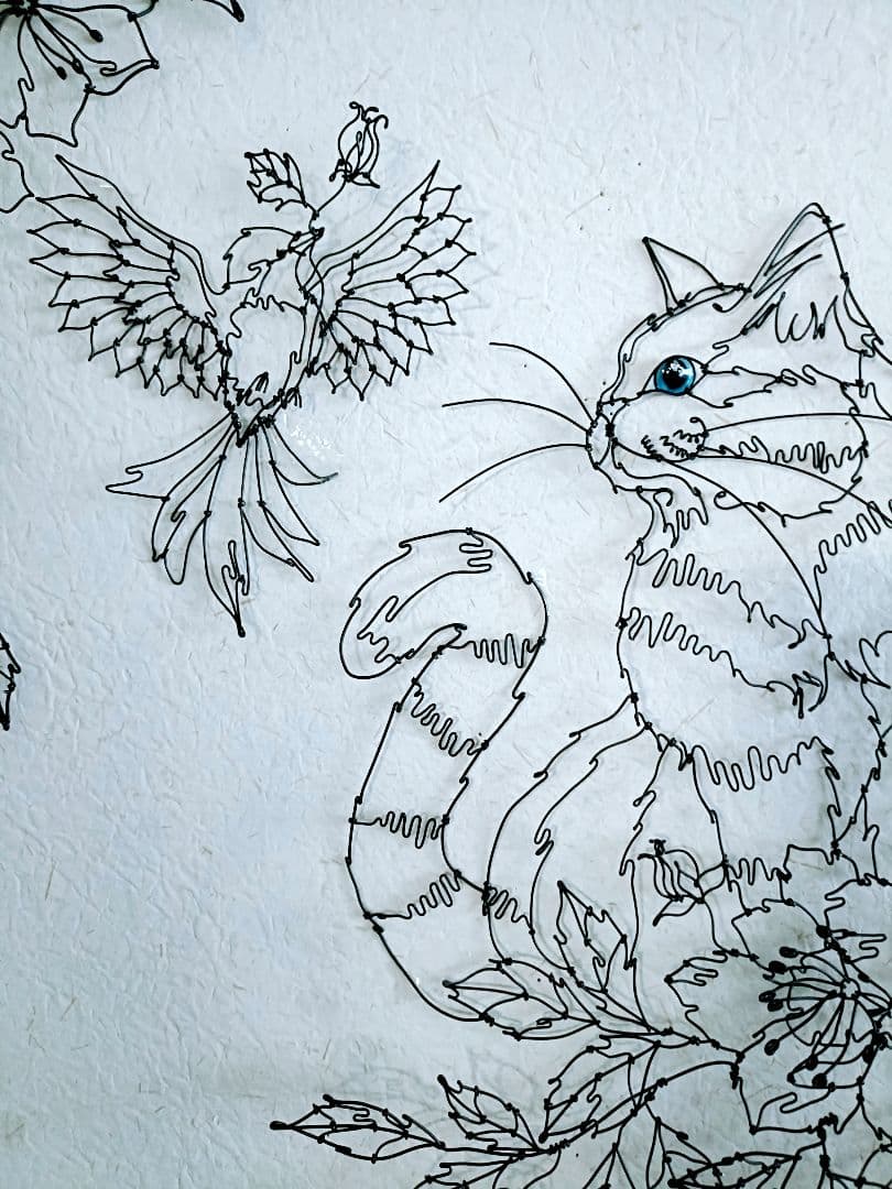 猫　小鳥　花 ワイヤークラフト　アート　壁掛け