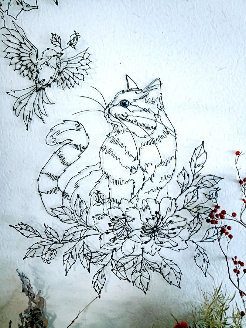 猫　小鳥　花 ワイヤークラフト　アート　壁掛け