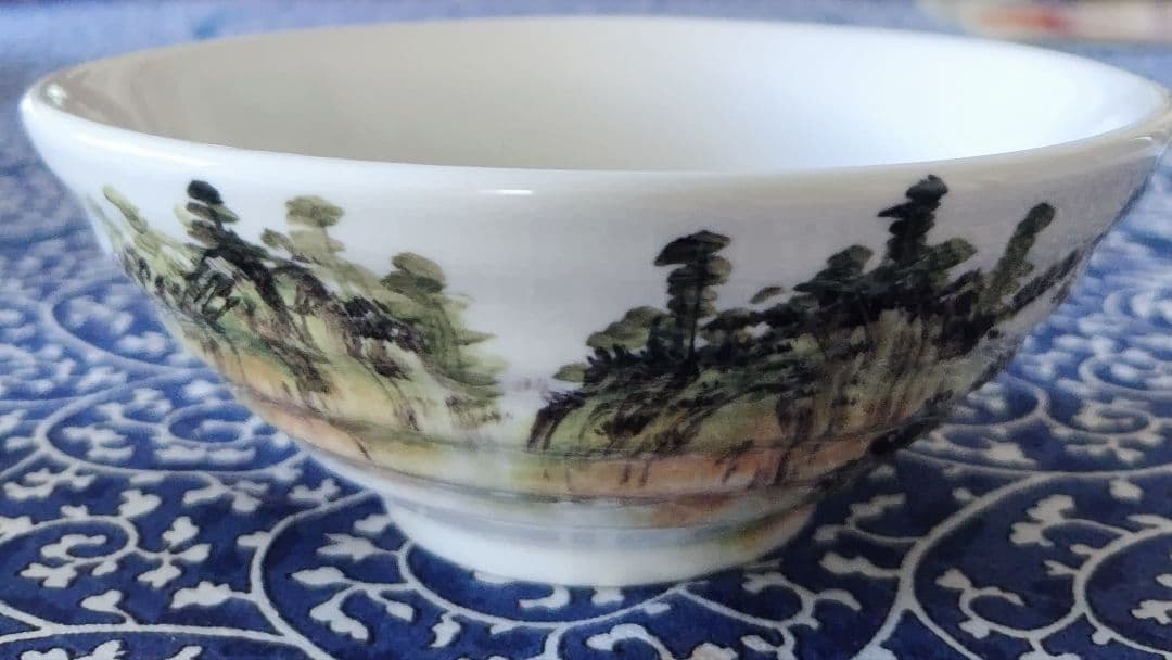中華陶瓷　茶碗　平茶碗　広口茶碗　山水色絵　手描き　台湾　中国　陶磁器　茶道具