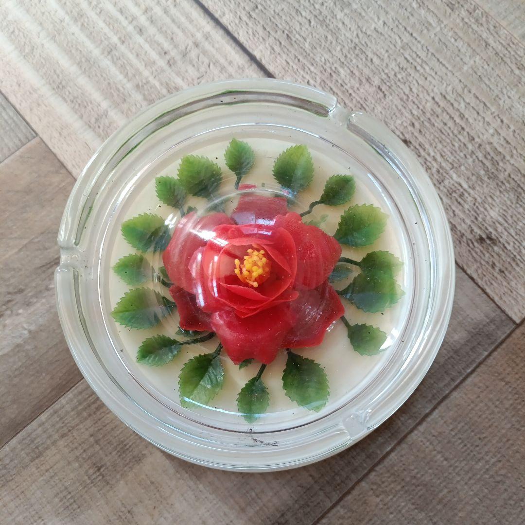 【昭和レトロ】赤色花デザイン ガラス灰皿