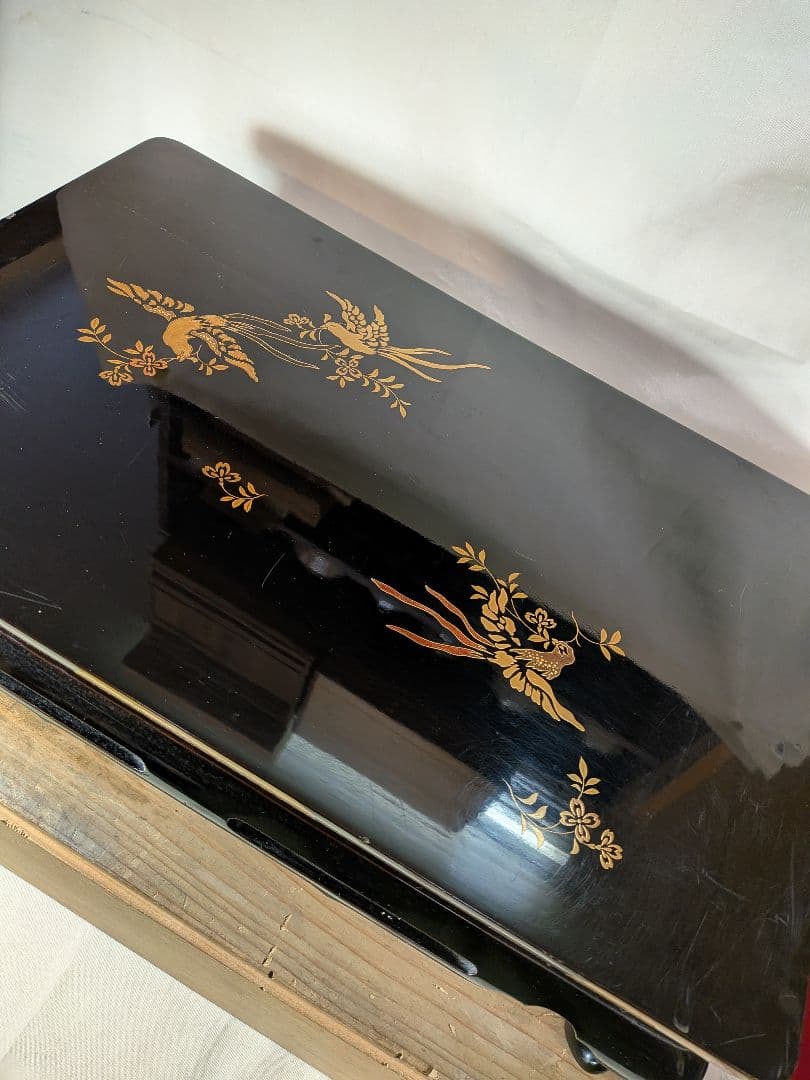 輪島塗　大正　石畑作　惣黒蒔絵付平卓　花台