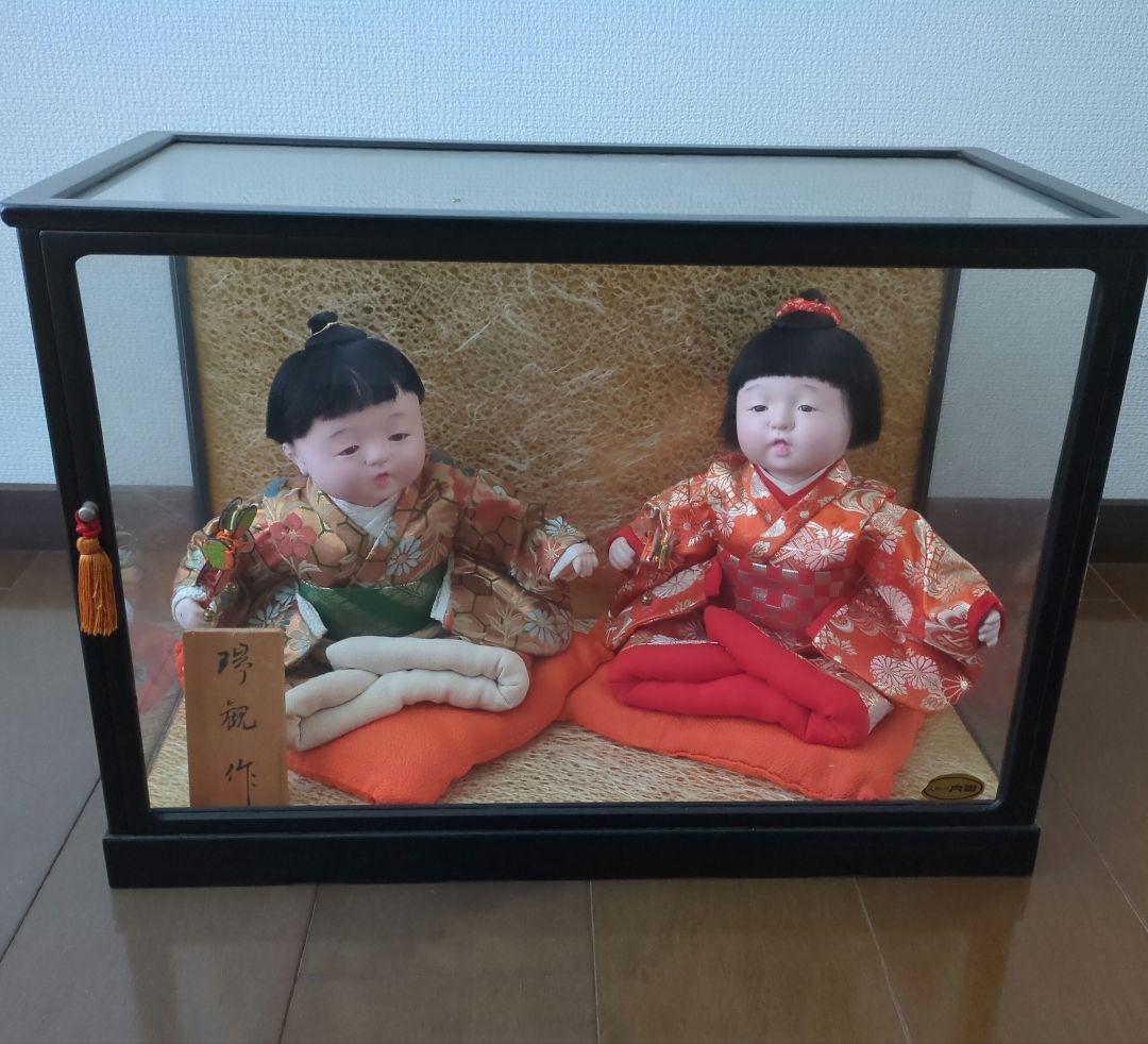 瑞観作　市松人形　ペア　ガラスケース 約37cm✕53cm✕28cm