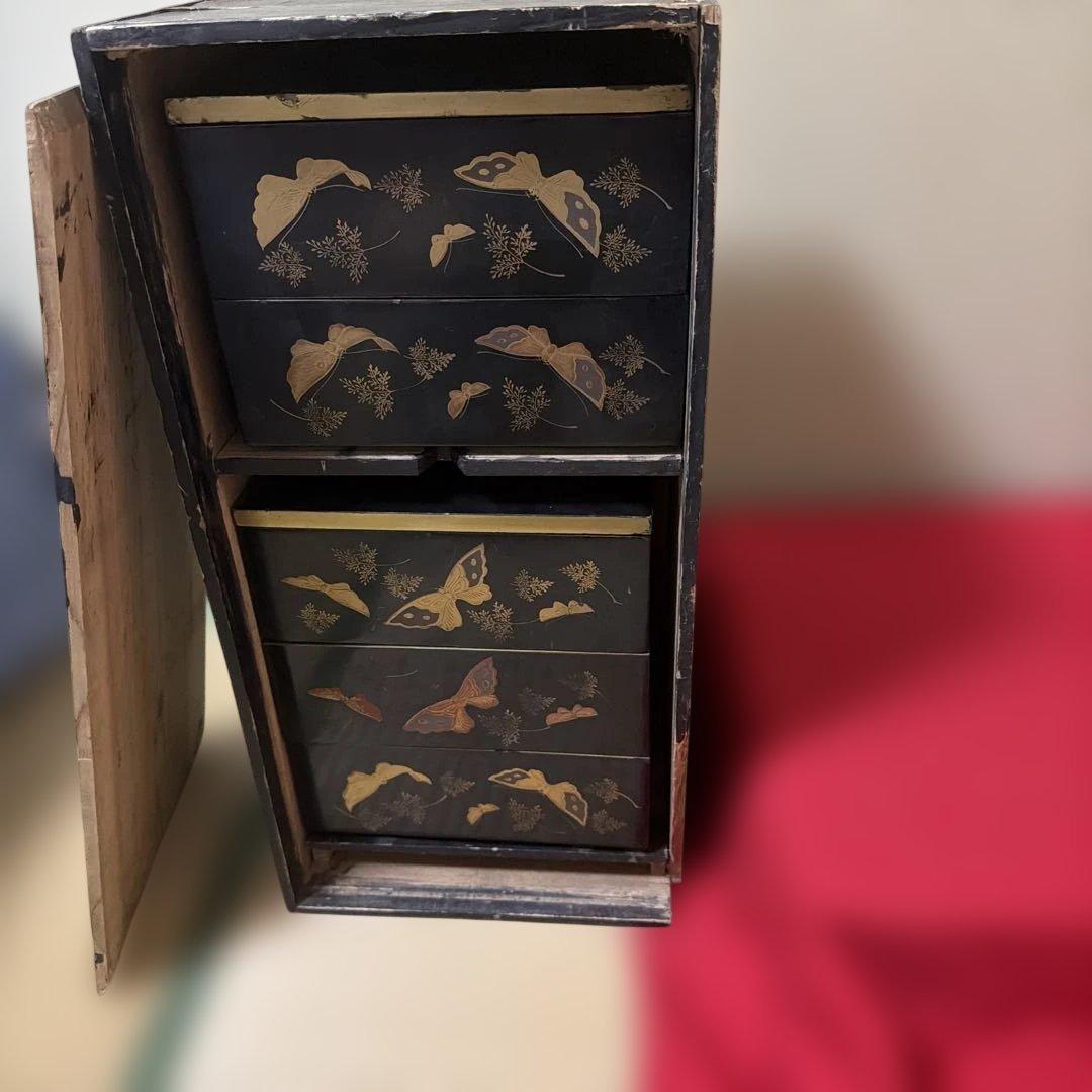 時代漆器 黒塗 手描金彩蝶々蒔絵 五段重箱 二枚蓋