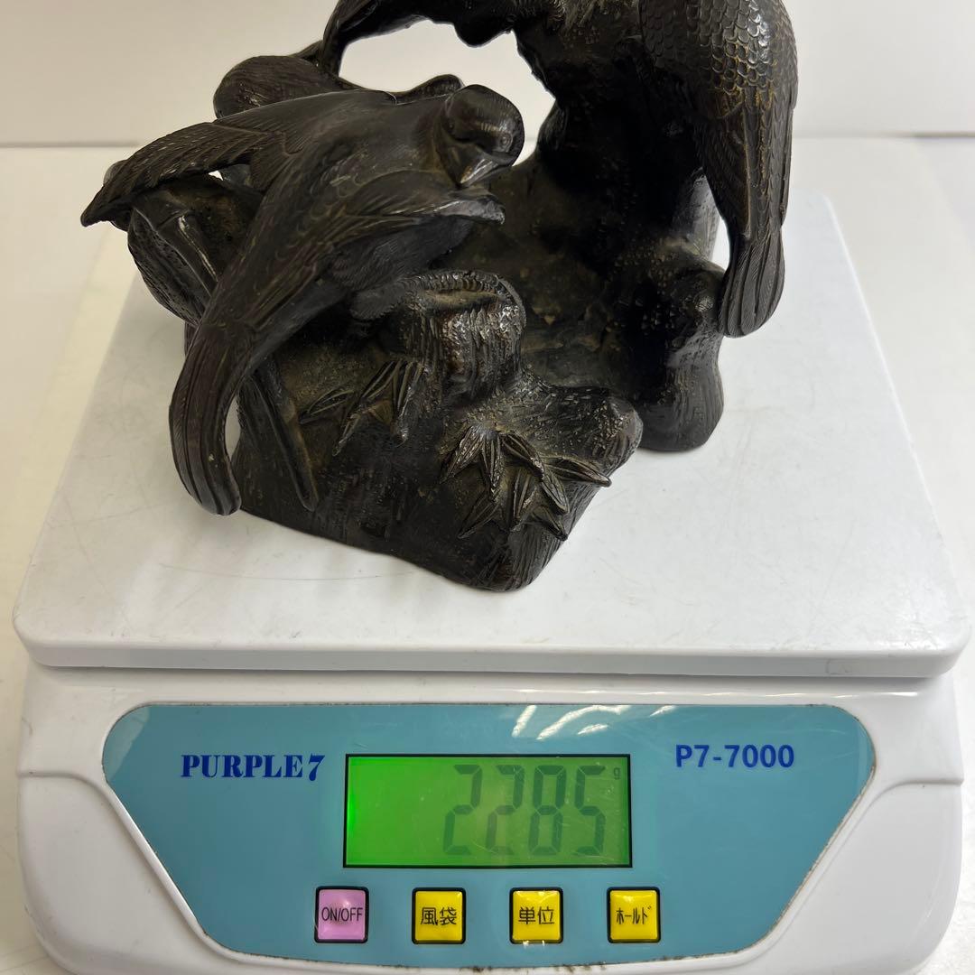 古銅　雀文置物　幅約15㎝2285g 木箱付　東Y8-0306☆2Fトトカヒ