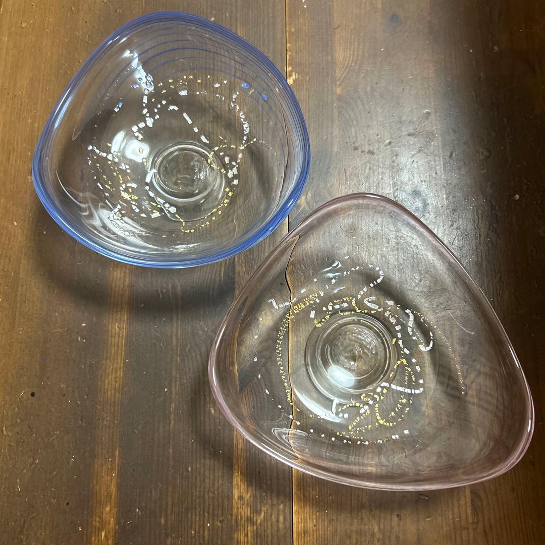 作家　ガラス作家　脚付皿　金彩銀彩　吹きガラス　刻印あり　作家物
