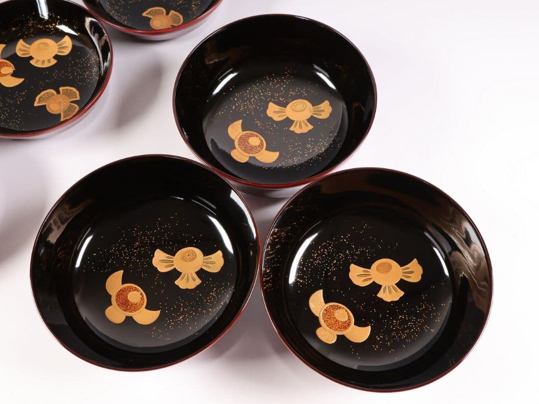 【MB275】天然木漆塗 ふくら雀金蒔絵 溜塗内黒 煮物椀三客 福良雀 大正昭和