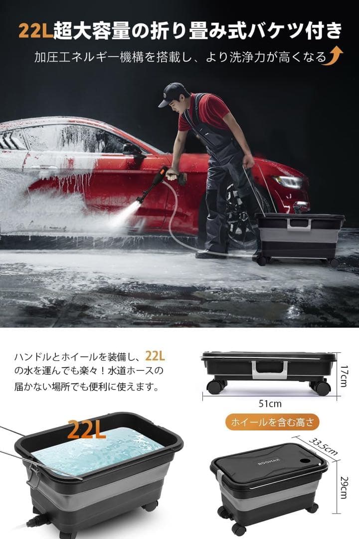 Boomax 高圧洗浄機 22L 折り畳みバケツ付き 充電式 10MPa圧力