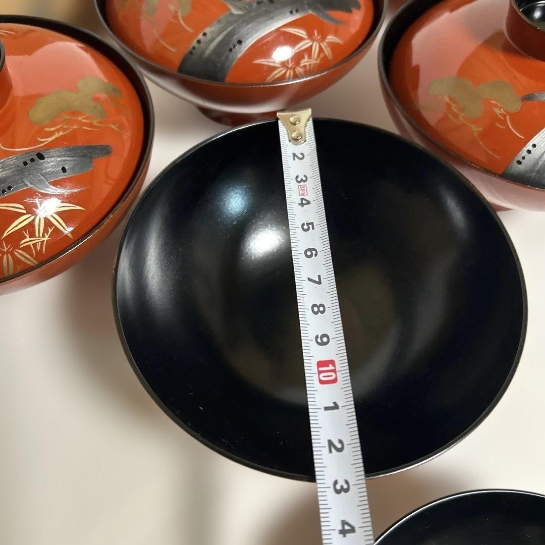 赤色 漆器 椀 鶴と竹の模様特選会津塗り　お汁椀揃　雅匠　5客セット新品未使用品